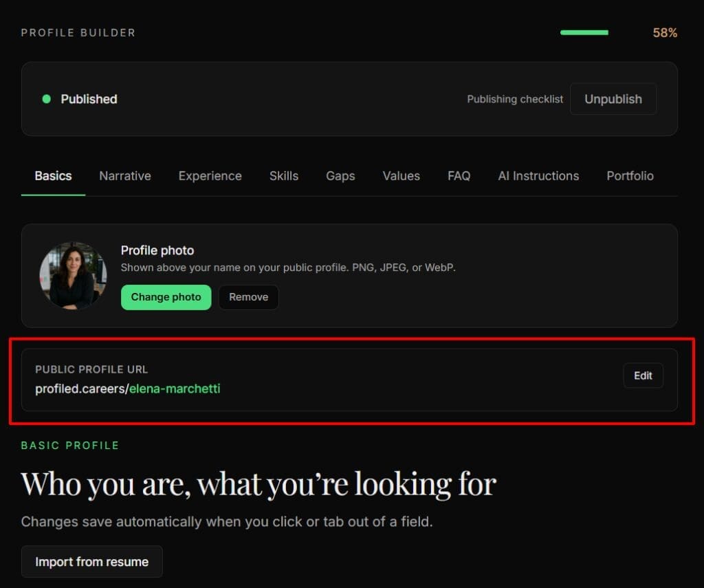 Published Profile - Public Profile URL