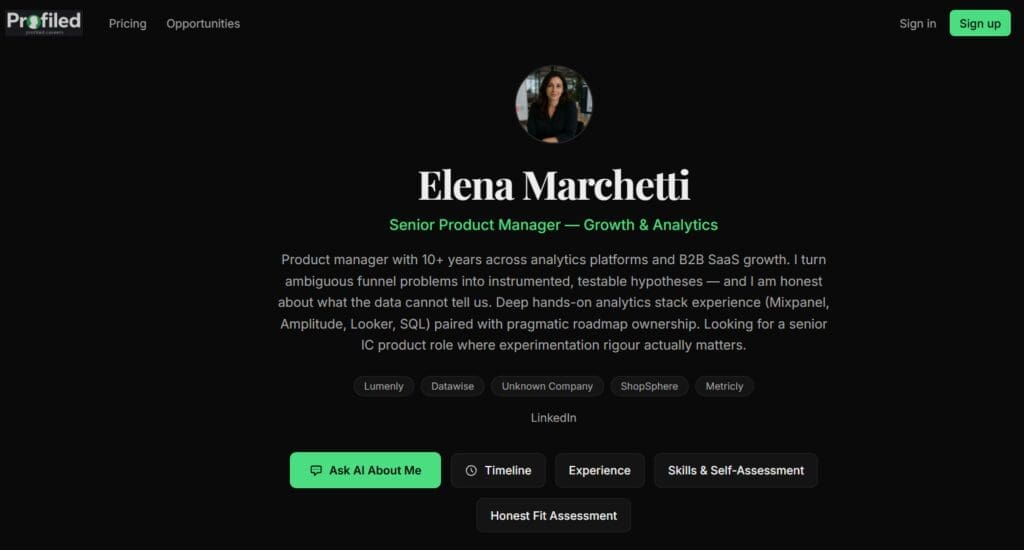 Hero section of a Profiled candidate's profile