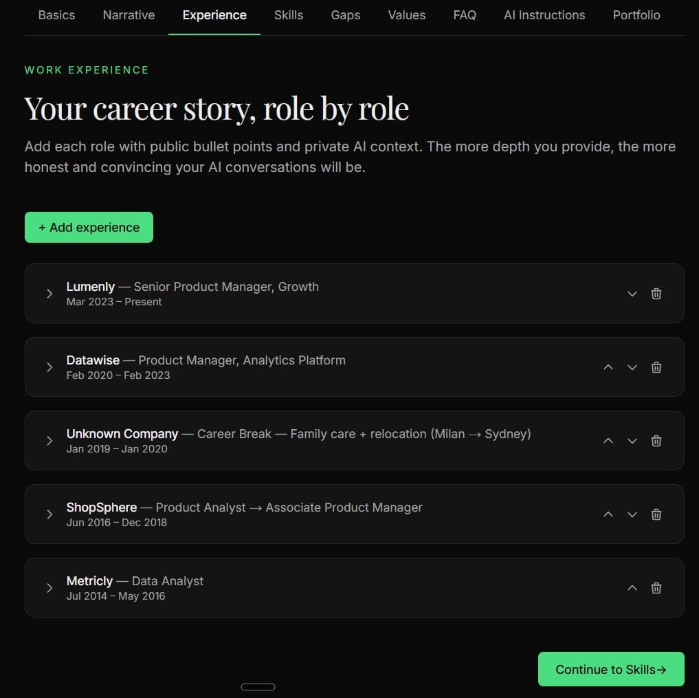 Profile tab - Experience