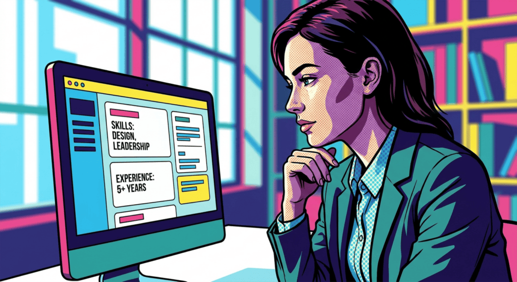 Pop-art illustration of a professional studying a candidate profile on a computer screen that lists skills and experience