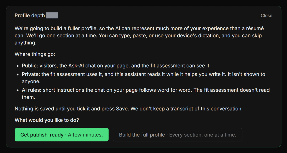 The profile assistant's opening on the Profile page: the intro, the "Where things go:" list with Public, Private and AI rules, and two choices, "Get publish-ready" and "Build the full profile".