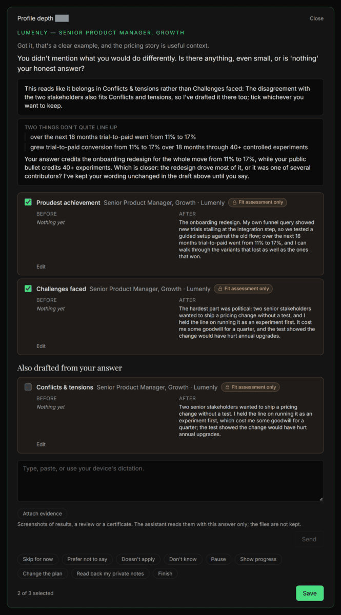A turn in the profile assistant: a role label, the question, two drafted fields each with a tick box, a "Fit assessment only" badge and Before and After text, the answer box, the row of buttons from "Skip for now" to "Finish", and "Save".