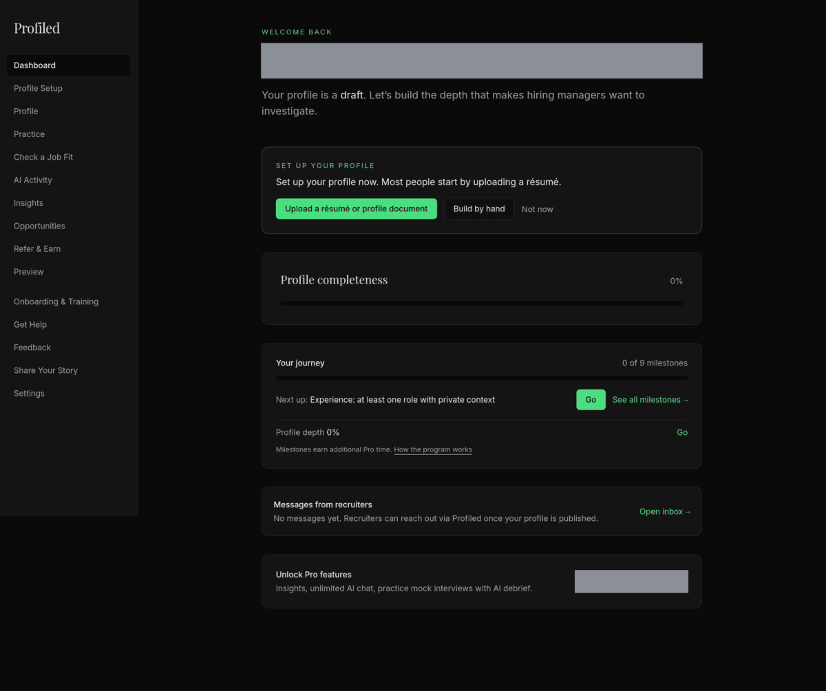 The Profiled dashboard on first login: the "Welcome back" label above your name, the line "Your profile is a draft", the Profile Setup panel headed "Set up your profile" with its Upload a résumé or profile document and Build by hand buttons, the Profile completeness card with its score and bar, and the Messages from recruiters card.