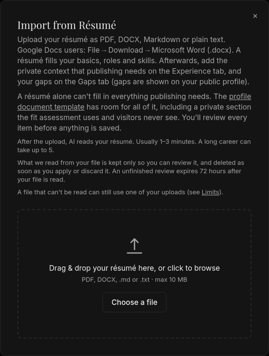 The Import from Résumé window on its upload step: the instructions, the line offering the profile document template, and a dashed drop zone reading "Drag & drop your résumé here, or click to browse" with a Choose a file button.