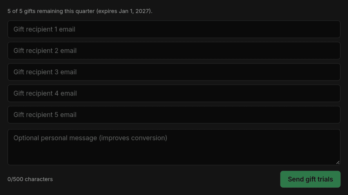 The "Send gifts" panel with five email fields labeled "Gift recipient 1 email" onwards, an optional personal message text area, and a "Send gift trials" button.
