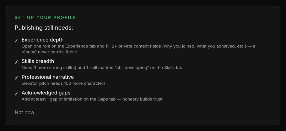 The Profile Setup panel on its publishing step: "Publishing still needs:" followed by unmet requirements such as "Experience depth" and "Acknowledged gaps", each a link with its message underneath, and a "Not now" link.